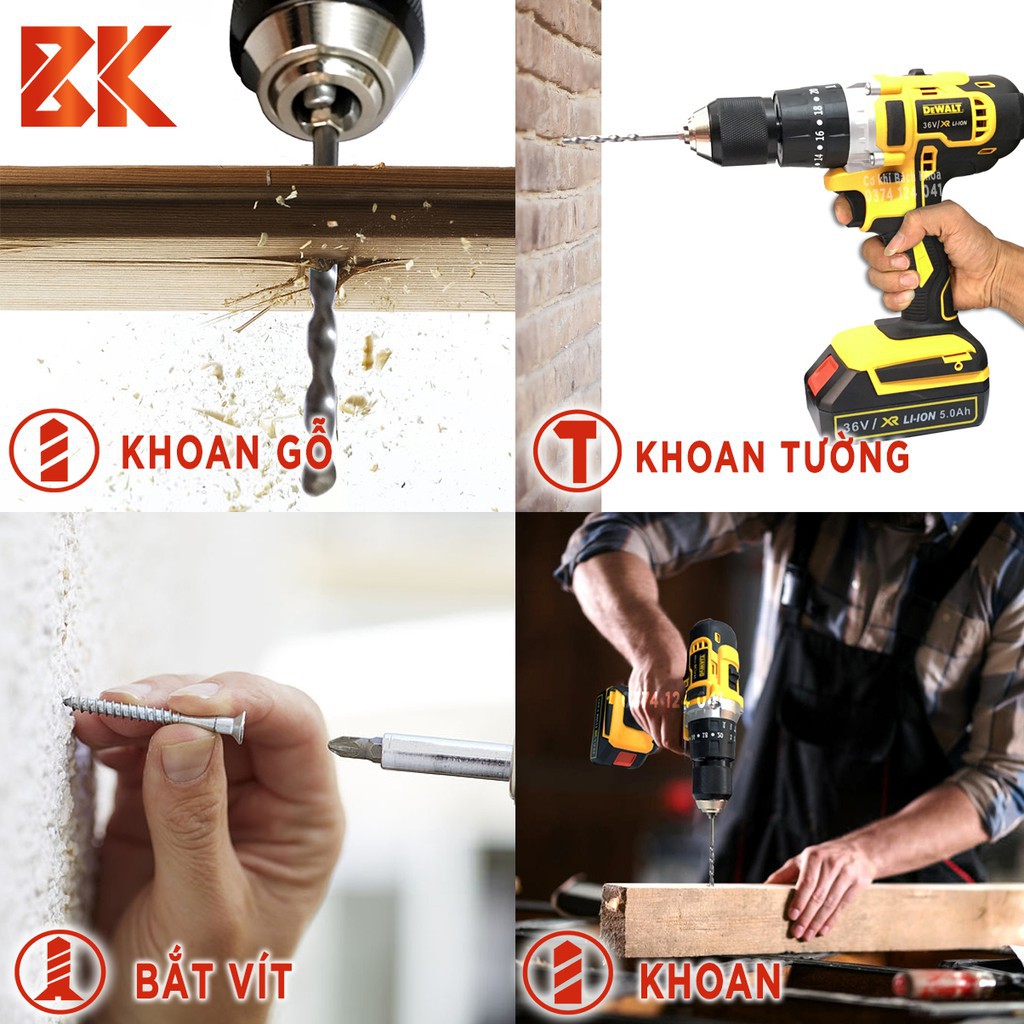 TẶNG BỘ PHỤ KIỆN 69 CHI TIẾT - Máy Khoan Pin DEWALT 36V  - Động cơ 775 - Có Búa - Máy khoan dùng pin DEWALT 36V