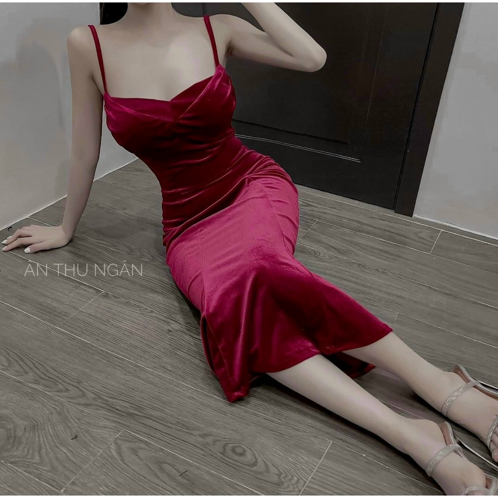 Đầm ôm body 2 dây xòe đuôi cá đỏ đen - QC95