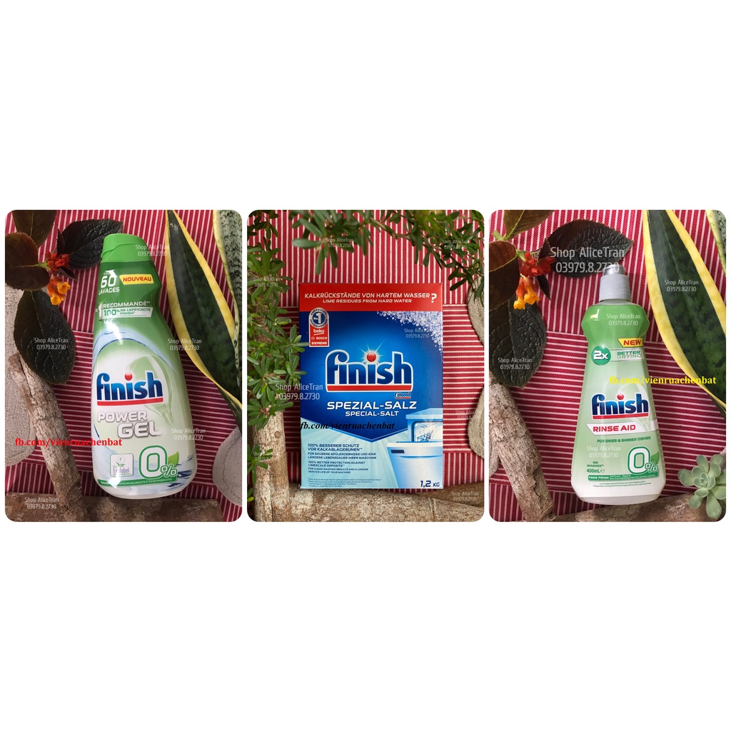 Gel rửa 900ml + bóng 400ml - Finish Eco 0% + Muối Finish 1,5kg (dùng cho máy rửa chén bát)