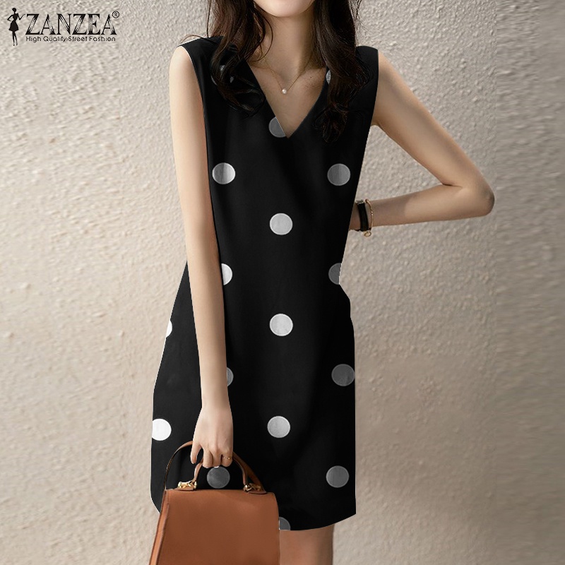 Đầm Ngắn Không Tay Họa Tiết Chấm Bi Thanh Lịch Cho Nữ ZANZEA