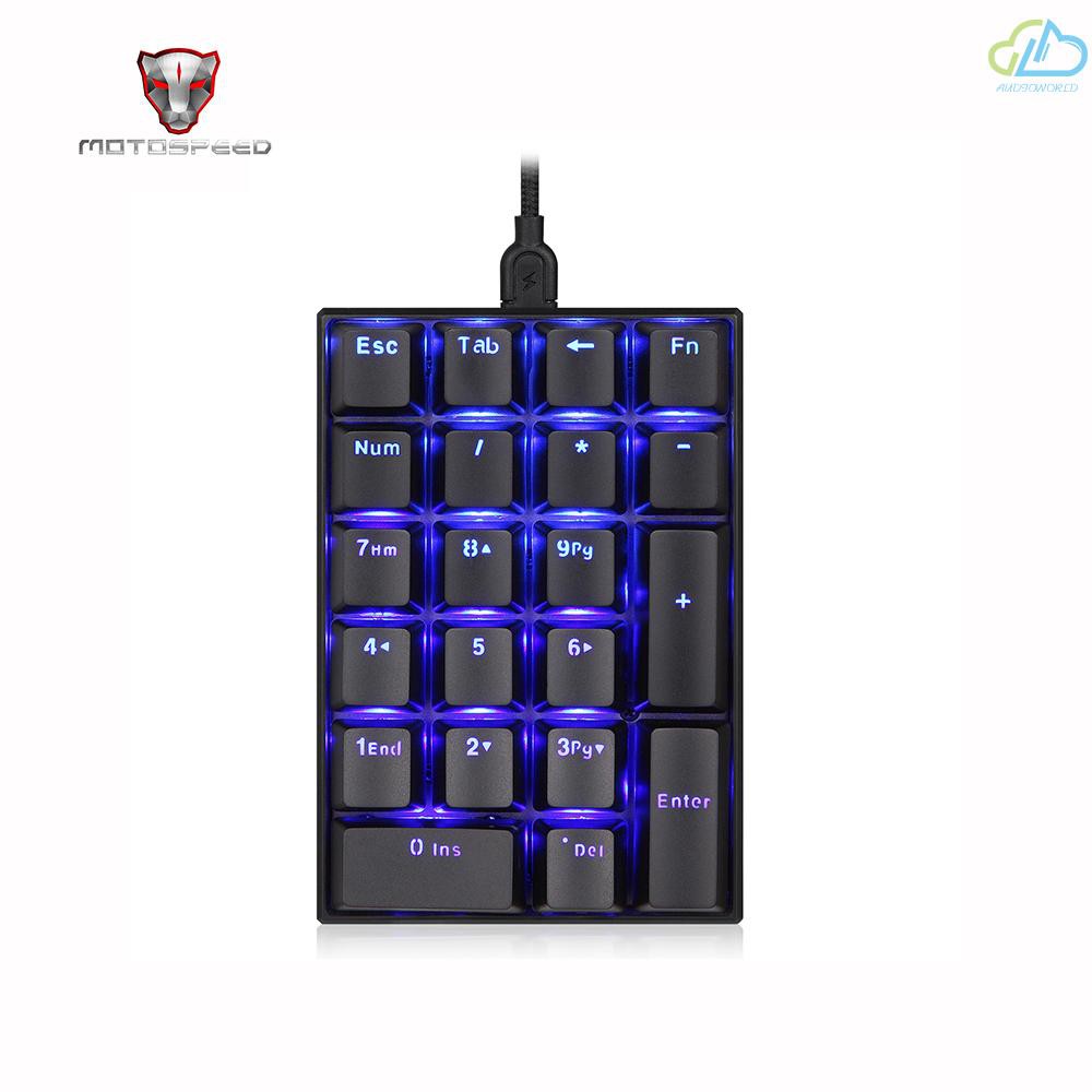 Bàn phím cơ số Motospeed K23 dây USB có đèn nền màu xanh dương với công tắc OUTEMU