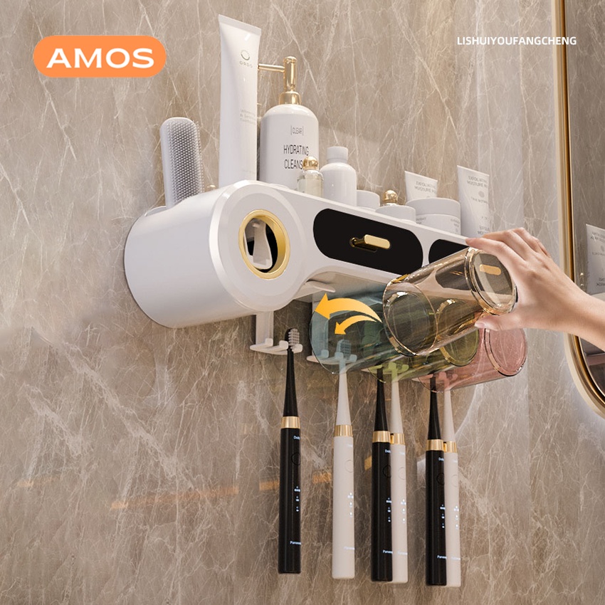 Bộ nhả kem đánh răng tự động AMOS | Kệ dán tường nhà tắm cao cấp kèm miếng dán