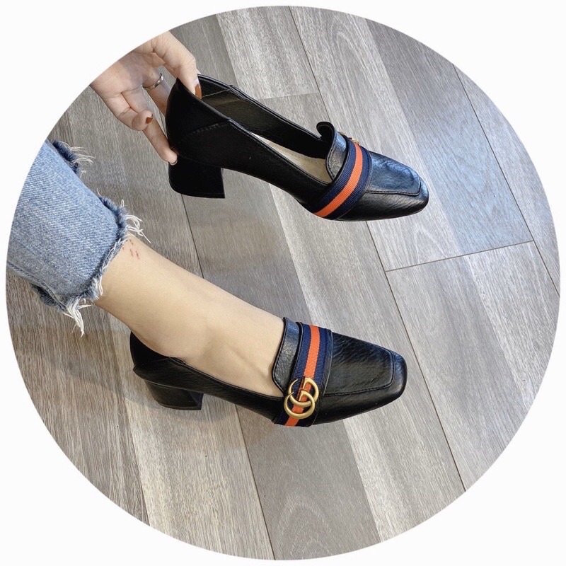 Hàng sẵn Giầy bít mũi G  Ggót vuông đế cao 5cm da mềm , êm chân đủ size 35-39 đủ màu đen và kem