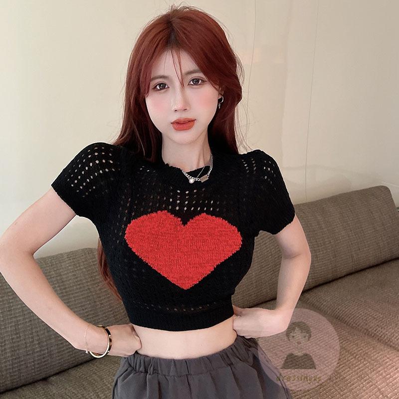 Áo Thun Tay Ngắn Cổ Tròn Họa Tiết Trái Tim Thời Trang Cho Nữ