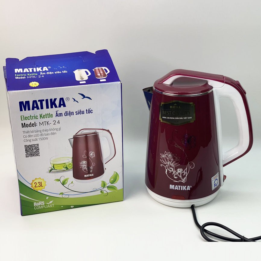 Ấm siêu tốc 2 lớp Matika MTK-24 vỏ bằng nhựa chống bỏng, lòng inox 304 không gỉ, BẢO HÀNH 12 THÁNG