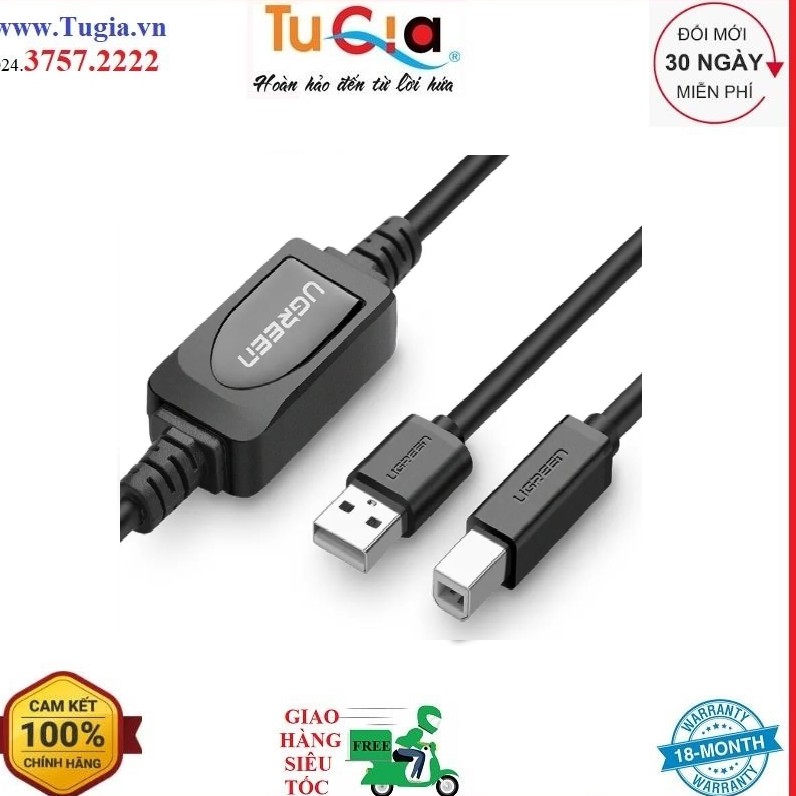 Cáp máy in USB 2.0 sang USB-B tích hợp IC khuyếch đại dài 10m UGREEN US122 10374 - Hàng chính hãng