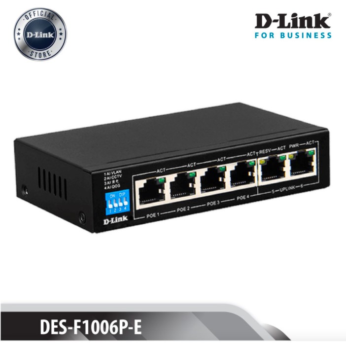 D-LINK DES-F1006P-E - Bộ chia cổng mạng 250M 6 cổng 10/100 (4 cổng PoE + 2 cổng uplink)