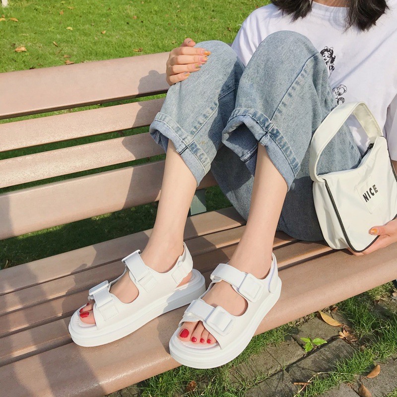 (CÓ SẴN Trắng, Đen) Sandals đi học ulzzang dáng basic quai dán Tunime Store