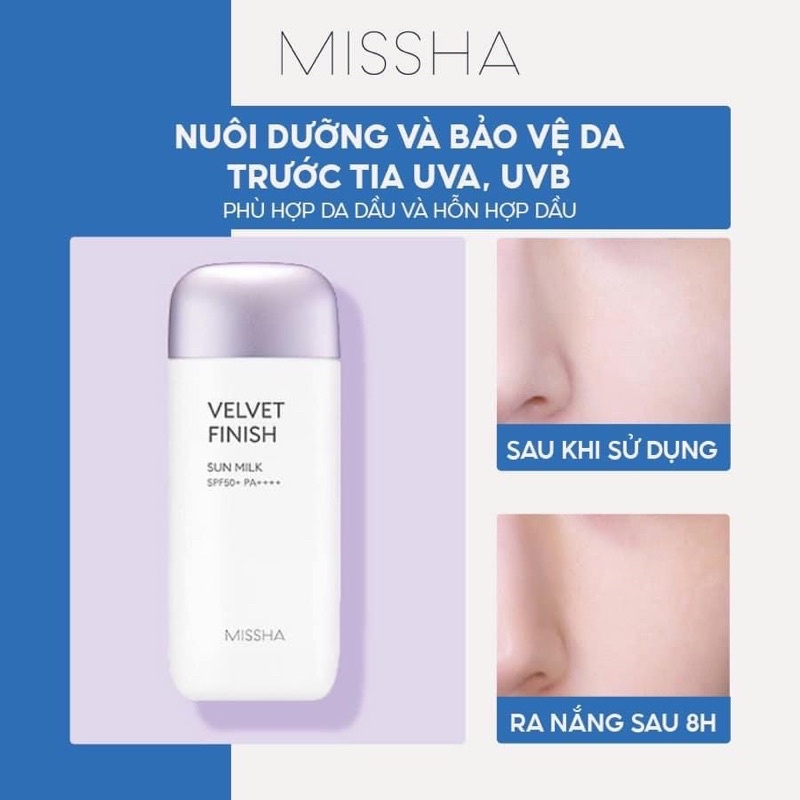Kem Chống Nắng Missha Soft finish hồng - tím Velvet finish - xanh Waterproof - Around SPF50+PA+
