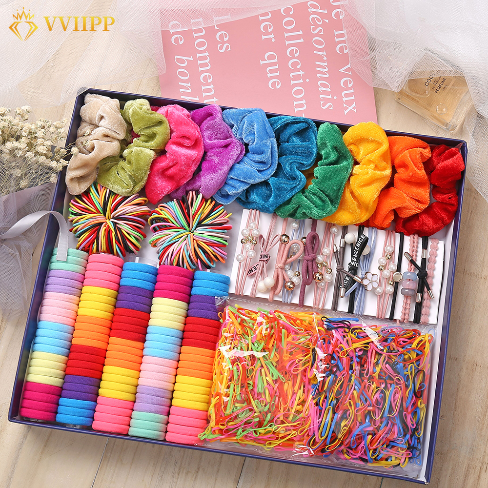 Set 3/30/100/1000 dây buộc tóc đàn hồi nhiều màu sắc cho bé gái/nữ giới