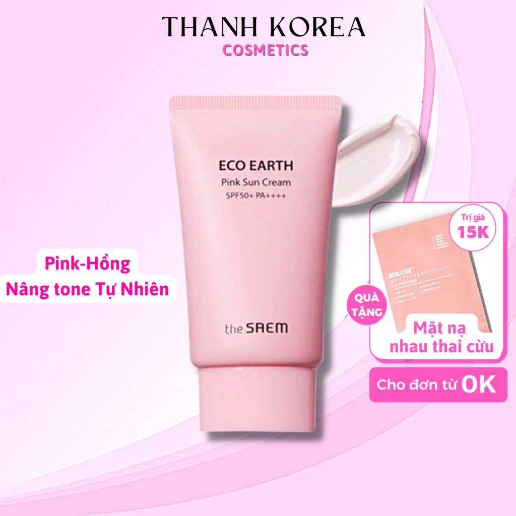 Kem Chống Nắng The Saem Eco Earth Pink Sun Cream SPF50+/PA++++ Nâng Tone Sáng Hồng Nhẹ Tự Nhiên, Dùng Cho Mọi Loại Da