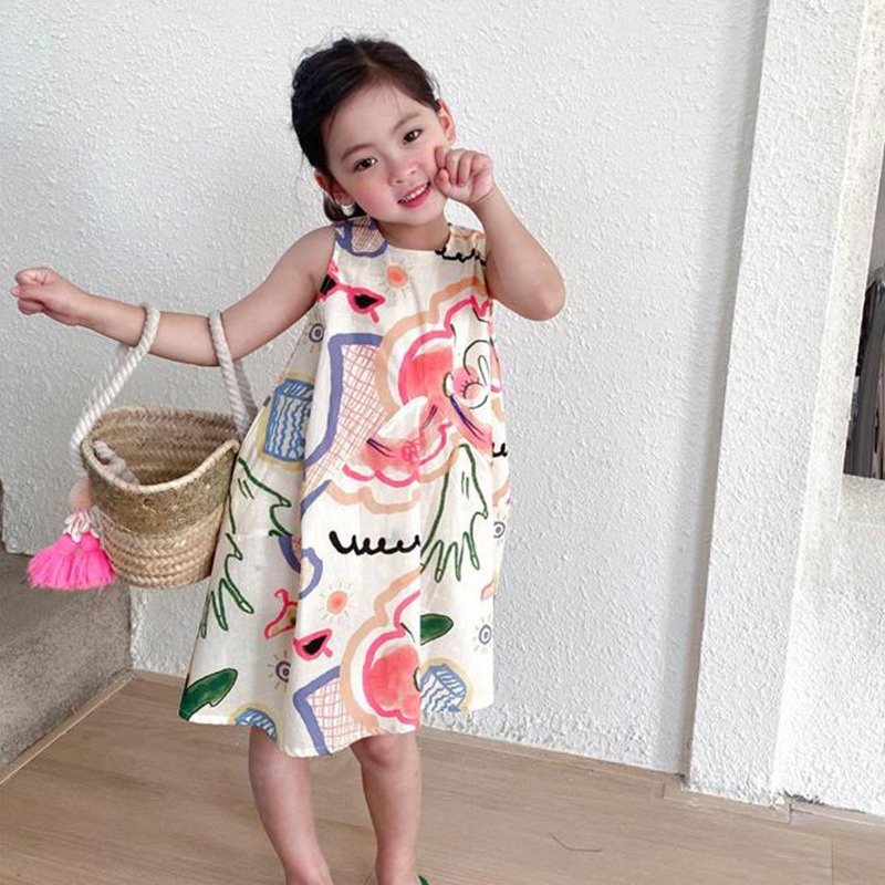 Đầm Sát Nách Cổ Tròn In Họa Tiết Graffiti Phong Cách Hàn Quốc Thời Trang Mùa Hè Cho Bé Gái