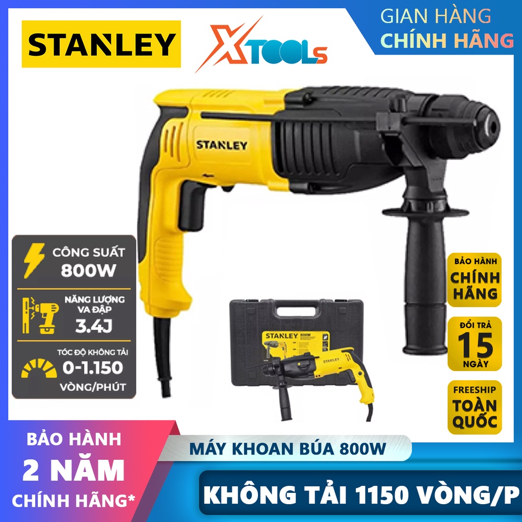 Máy khoan bê tông cầm tay STANLEY SHR263K-B1 Máy khoan búa 3 chức năng, Công xuất 800W,Khoan bê tông 26mm,Khoan sắt 13mm
