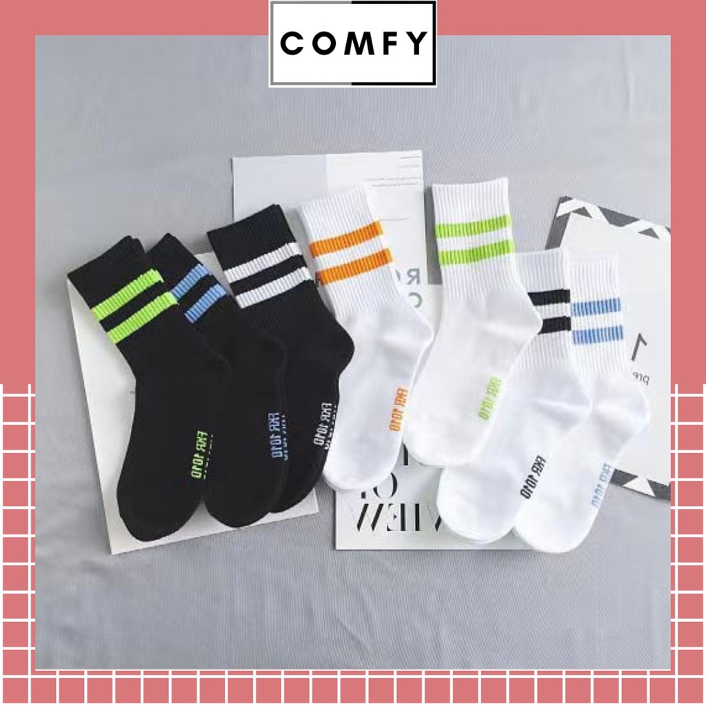 Tất vớ cao cổ nam nữ sọc ngang nhiều màu phong cách thể thao, chất liệu cotton, thấm hút mồ hôi