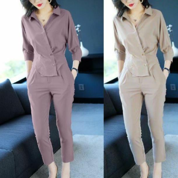Hàng nhập - Set bộ nữ nút lệch có S, bộ quần áo công sở văn phòng