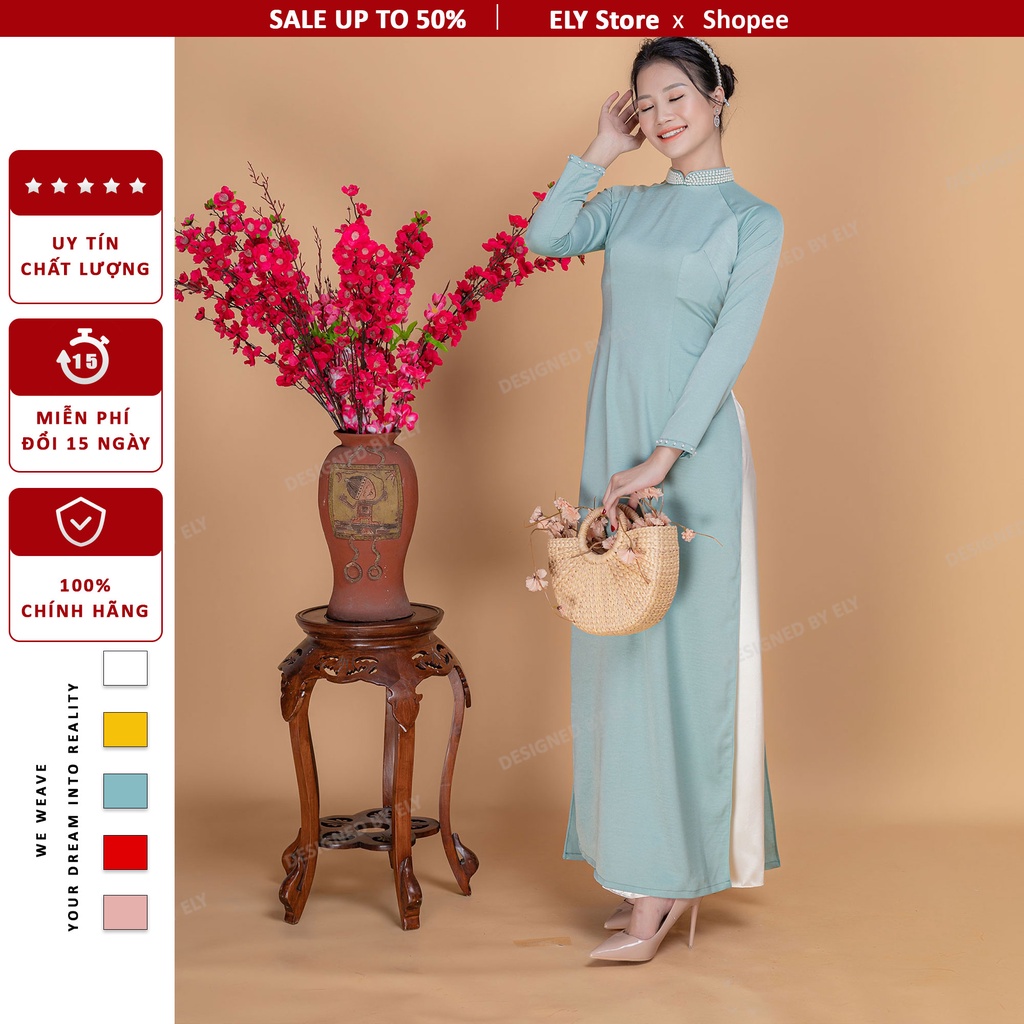 Áo dài truyền thống cổ đính kết cách điệu đẹp ELY lụa cao cấp đổi trả 15 ngày