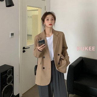 Áo khoác blazer màu đen dáng rộng với tay dài phong cách hàn quốc