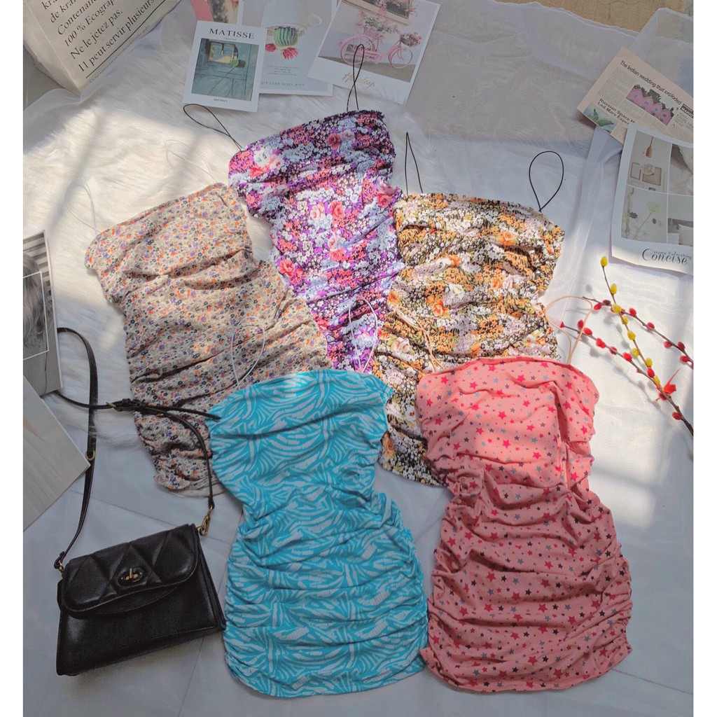 Đầm hai dây nhún sườn phối màu hoa cực xinh ,chất thun bozip mềm mịn