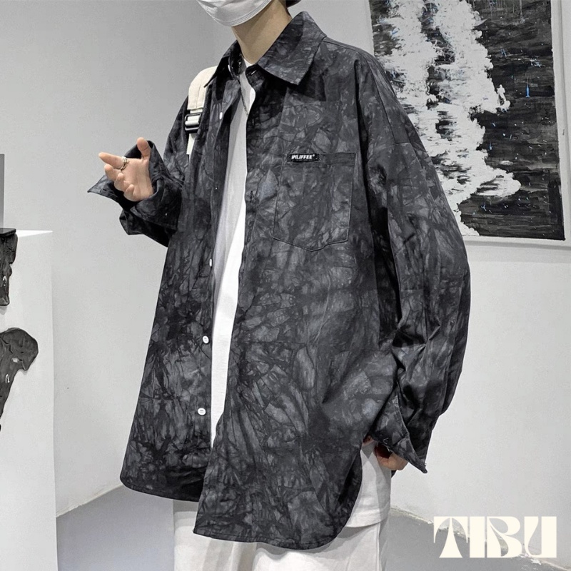 Áo sơ mi loang form rộng nam nữ unisex TIBU kiểu dáng Hàn Quốc, áo tay lỡ vải thô kate vảy sơn cá tính oversize