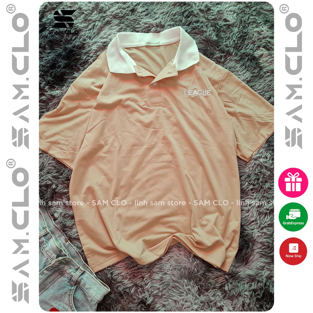 Áo thun Polo tay lỡ SAM CLO có cổ form rộng phông freesize dáng unisex mặc cặp, nhóm, lớp, đi học in chữ LEAGUE | BigBuy360 - bigbuy360.vn