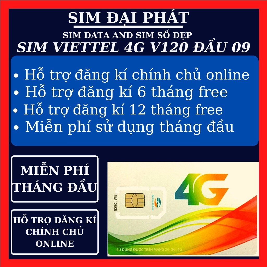 SIM VIETTEL 4G V120C DATA  4G/NGÀY 120Gb/THÁNG- MIỄN PHÍ THÁNG ĐẦU - Free gọi nội mạng viettel - Free 50 phút ngoại mạng