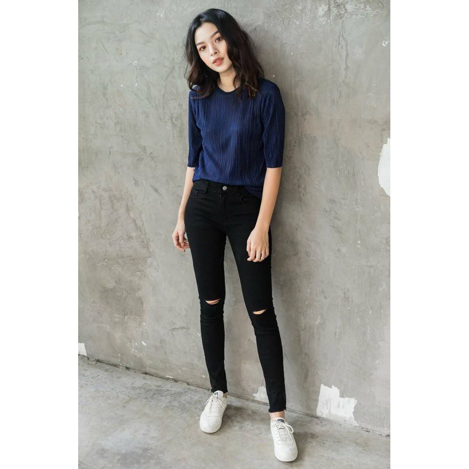 Quần jean Nữ ôm skinny co giãn thoải mái Đen trơn và Rách gối M Fashion 511