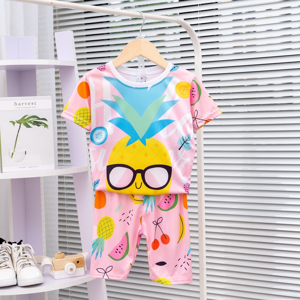 Đồ bộ bé gái vải thun hoạt hình và trái cây in 3D hiệu MIMYKID cao cấp, set đồ cho bé - LMSP-B01GH2