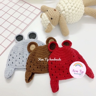 Mũ len cho bé, mũ len móc tay hình gấu dễ thương che ấm tai