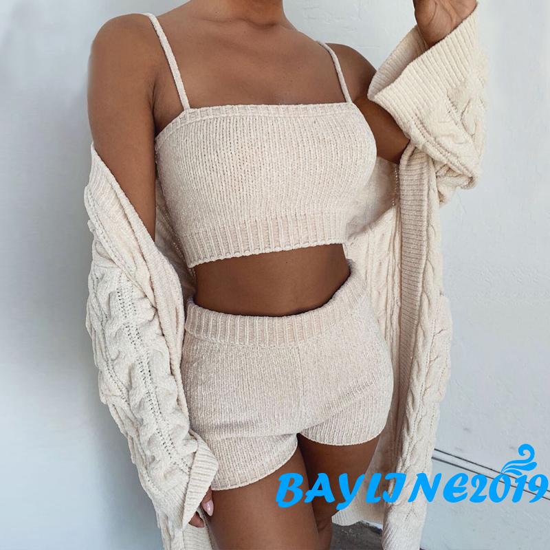 Set Áo Dệt Kim Sát Nách + Quần Short Màu Trơn Quyến Rũ Cho Nữ