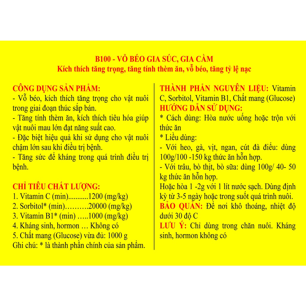 1 gói 100g B100 Dùng vỗ béo cho gia súc, gia cầm của công ty Ngọc Hà