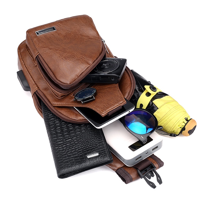 Túi đeo chéo nam đựng Ipad da PU chống nước kết hợp tai nghe cổng sạc USB ST7522