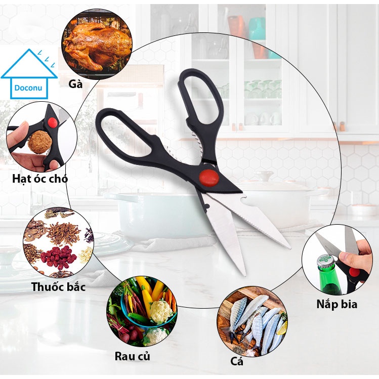 Kéo cắt thịt gà, cá, thực phẩm mở nắp chai đa năng cao cấp Doconu