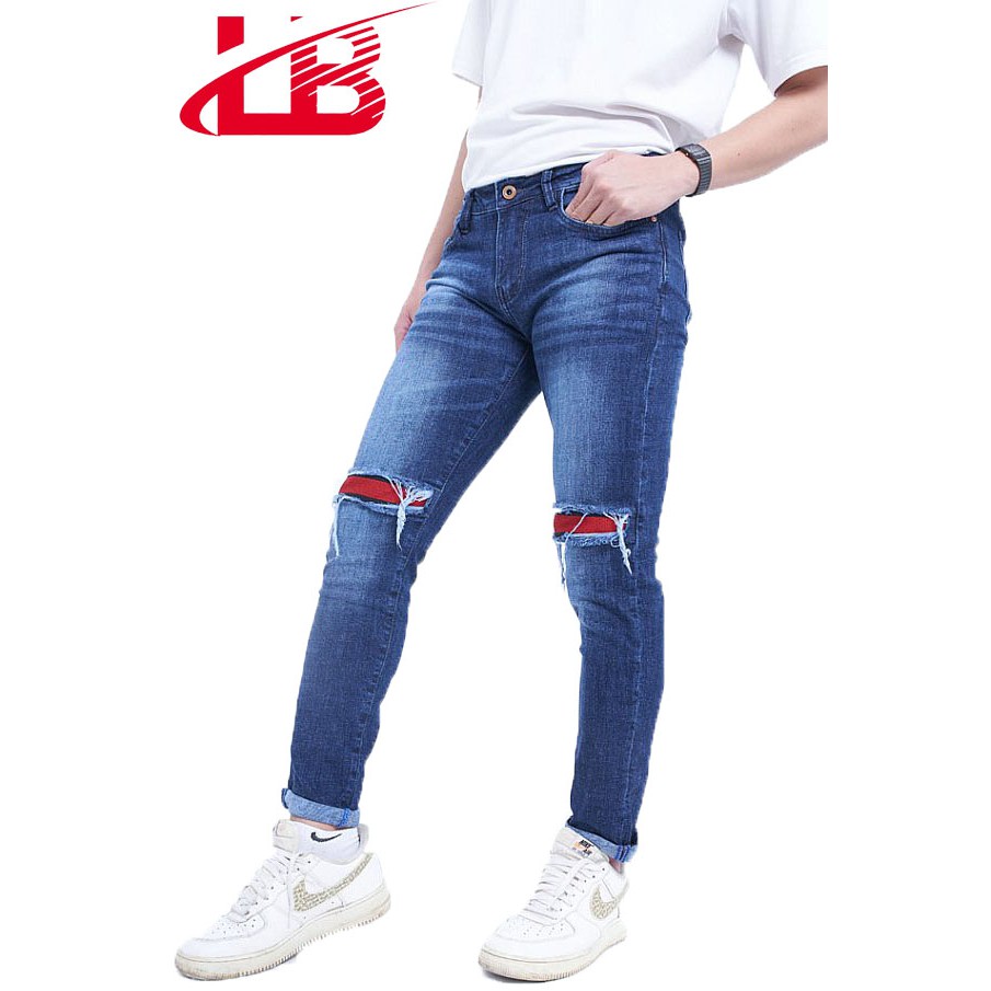 [Mã LTP50 giảm 50000 đơn 150000] Quần jeans dài nam LB màu xanh rách đắp gối màu xanh jean phom body DNBB4587