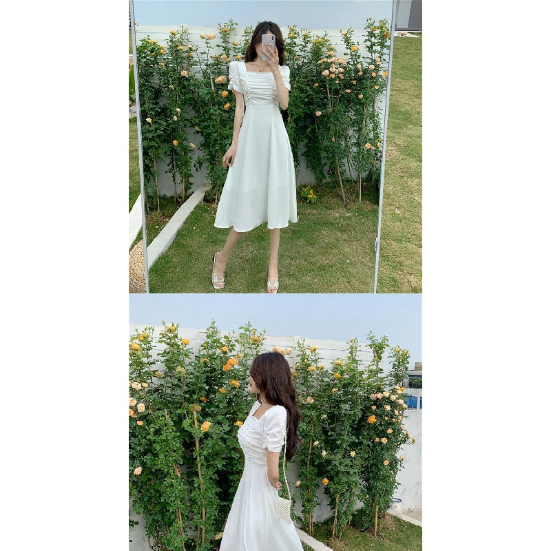 Summer New Women's Retro White Square-Cut Collar Pleated Sneaky Design Chic Design Dress French Gentle（Please Talk about the Size：Height/Weight）