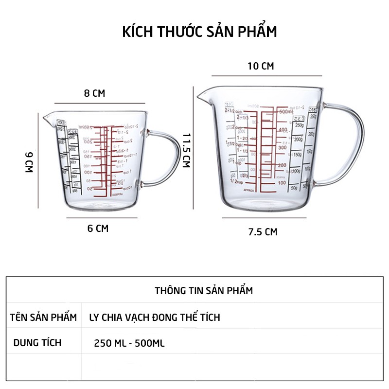 Ca, Ly, Cốc thủy tinh Glass Cup chia vạch đo, đong thể tích 500ml chịu nhiệt cao làm bánh, pha chế, nấu ăn_HK028