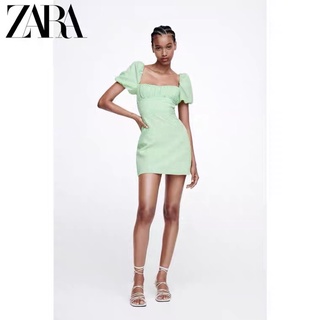 Đầm Zara new 2022 ngắn tay hở lưng dáng chữ A màu xanh pastel tiểu thư sang chảnh