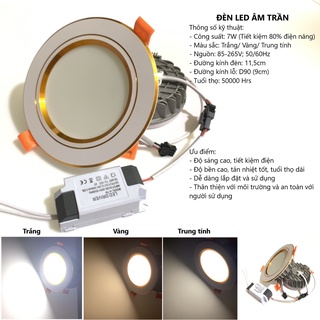 Đèn downlight, âm trần 3 màu phi 90 - bảo hành 2 năm