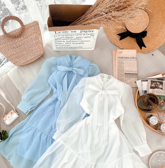 Đầm xoè cổ nơ dài tay xinh xắn 3 màu | BigBuy360 - bigbuy360.vn