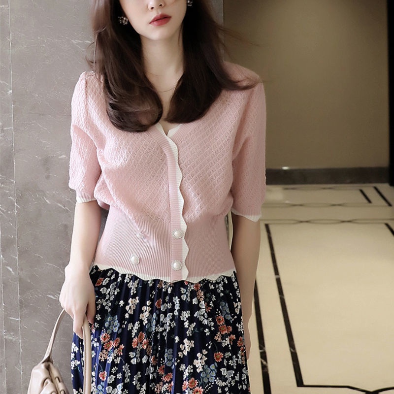 Áo dệt kim làm từ vải lụa lạnh cổ chữ V tay lửng thời trang thanh lịch cho nữ
