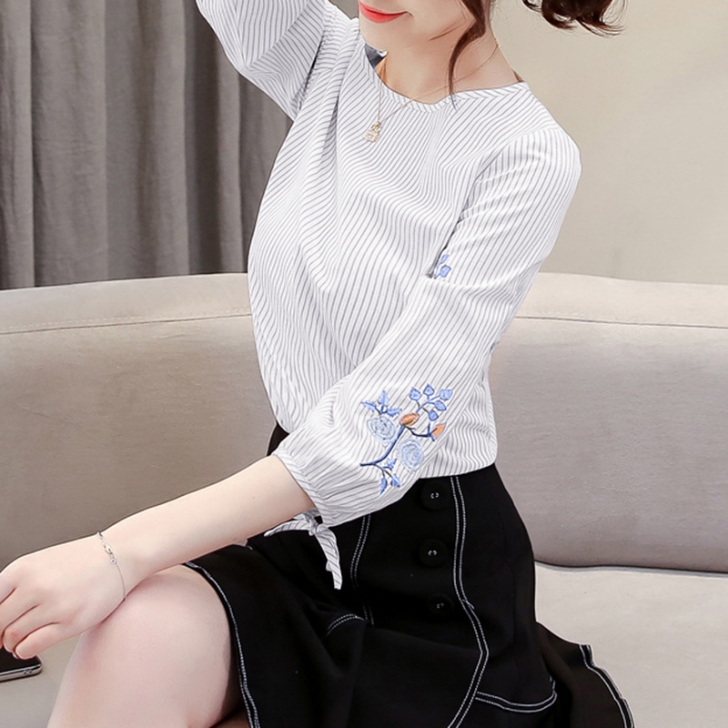 Áo Nữ ZANZEA Tay Dài Kẻ Sọc Thêu Hoa Thời Trang
