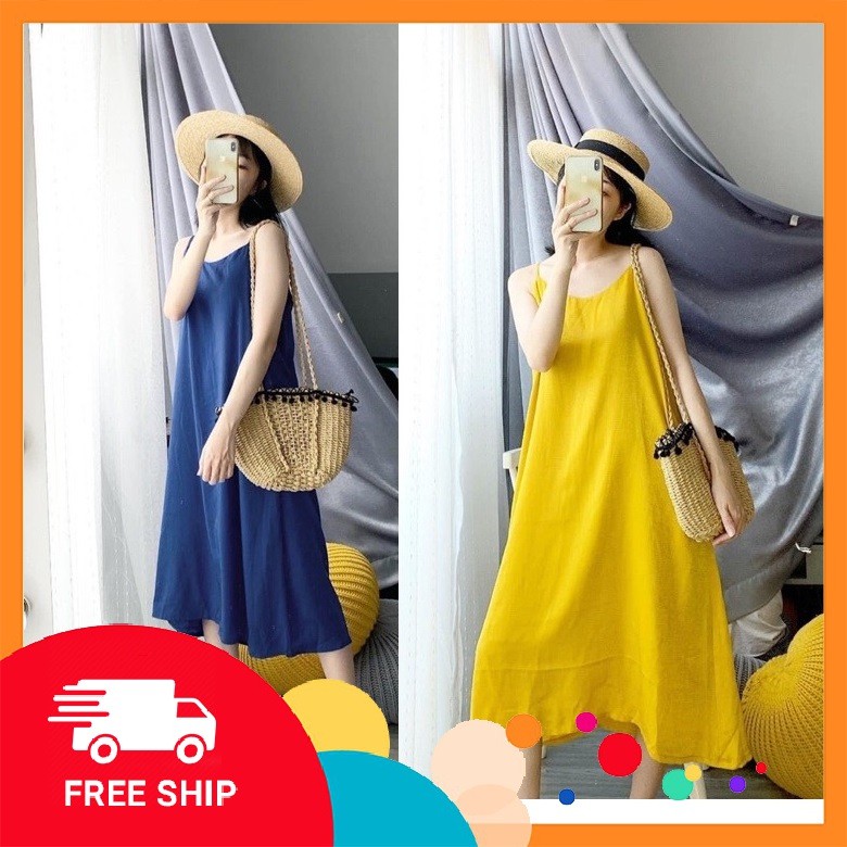 Váy Đũi 2 dây| Đầm Maxi Đi Biển Dạo Phố Dáng Xòe Dài Qua Gối Trơn Nhiều Màu Xinh Xắn Dễ Thương