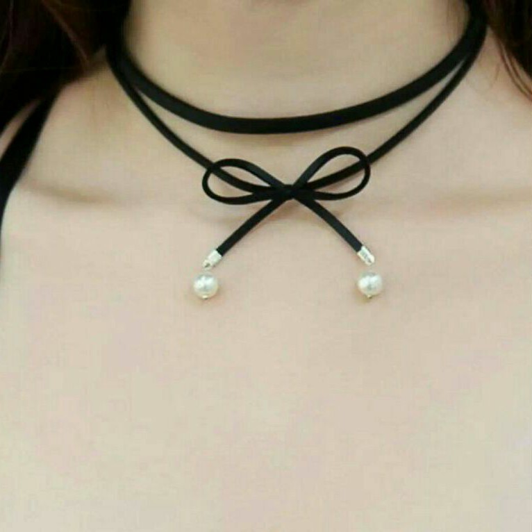 Vòng cổ chocker 2 tầng nơ kèm hạt trắng