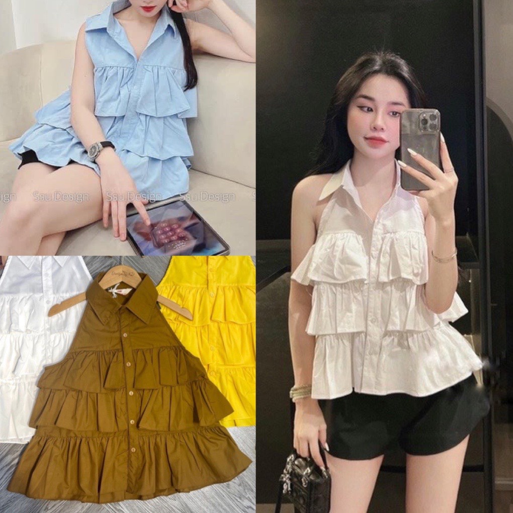 Áo sơ mi nữ sát nách bèo 3 tầng chất thô mềm- sơ mi babydoll cổ yếm màu trắng/xanh//nâu phong cách hàn quốc