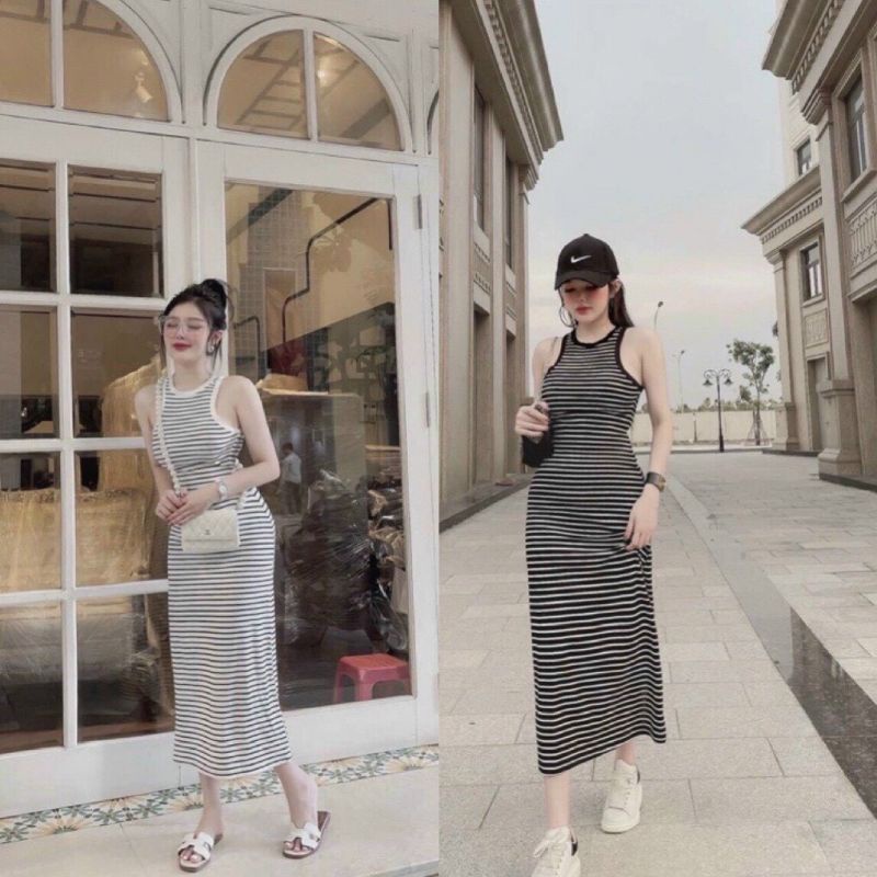 Đầm Sát nách Ba lỗ body sọc phôm dài TV2( thun len gân đẹp)