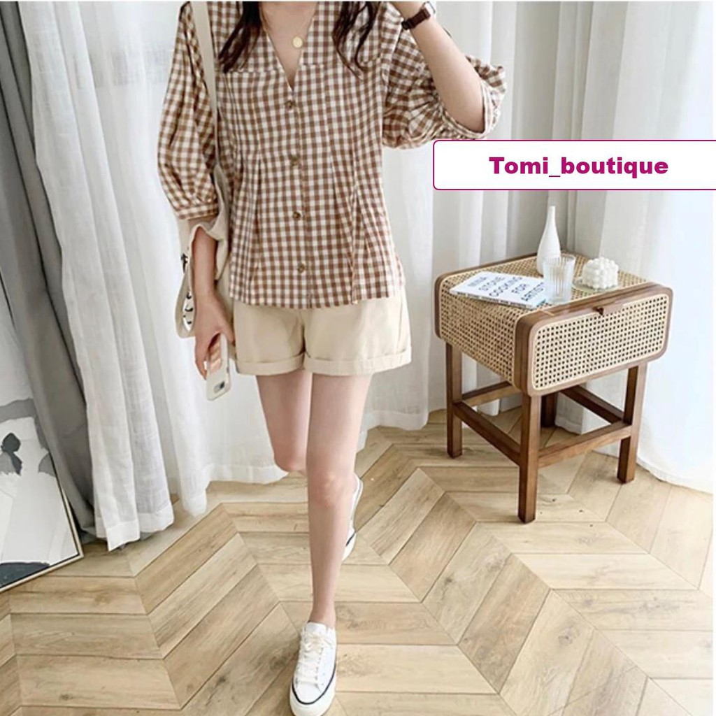 Sét đồ nữ áo kẻ caro + quần sooc freesize dưới 55kg - Tomi boutique