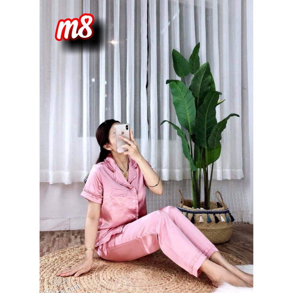 Set Đồ Bộ Nữ Pijama Tay Ngắn Quần Dài Phi Lụa Cao Cấp Phối Bèo Hàng Đẹp Chuẩn Shop _ Kèm Hình Chụp Thật