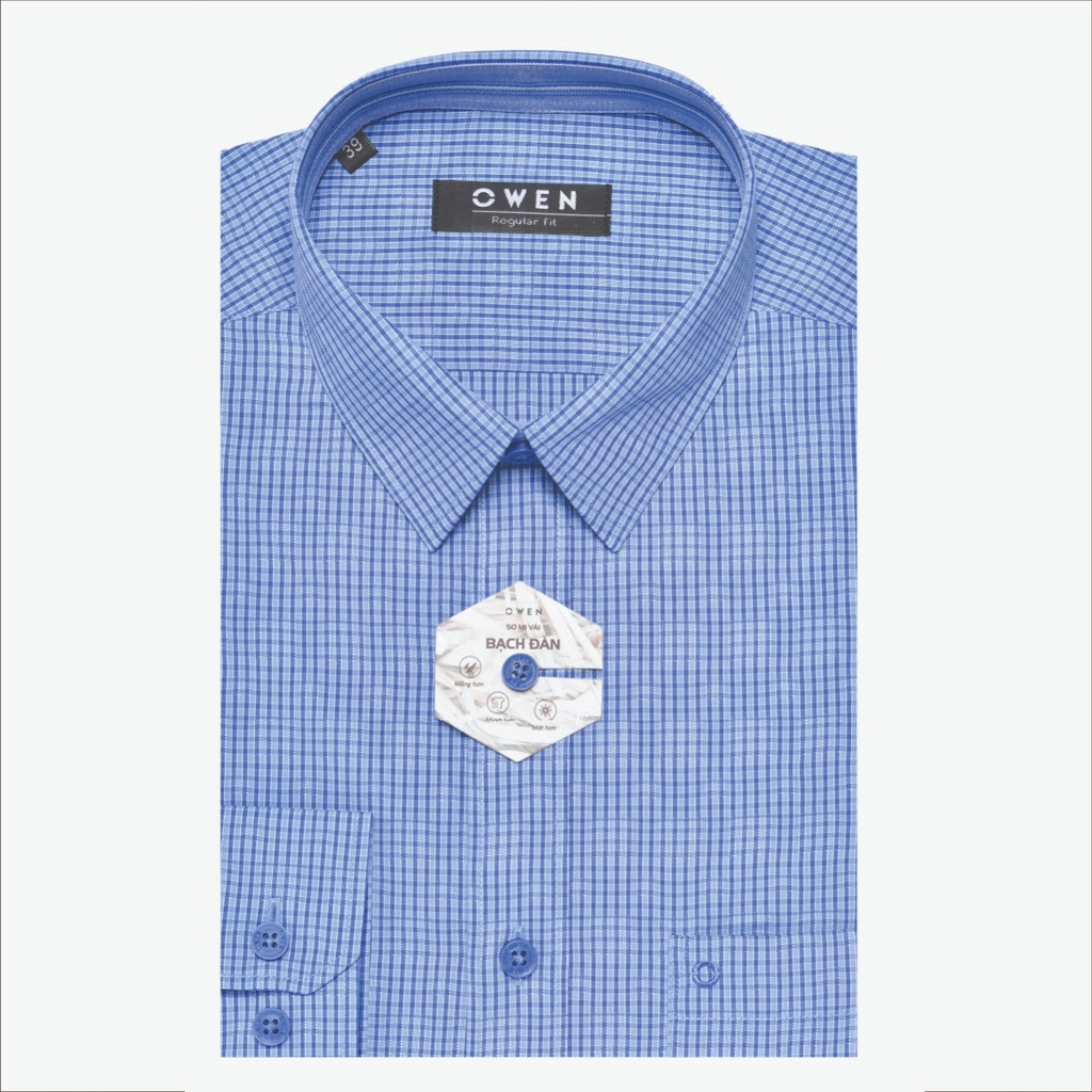 Áo Sơ Mi Nam Tay Dài Owen AR22701DT Kiểu Dáng Regular Fit Vải Sợi Bạch Đàn Màu Kẻ Caro Xanh Dệt Họa Tiết