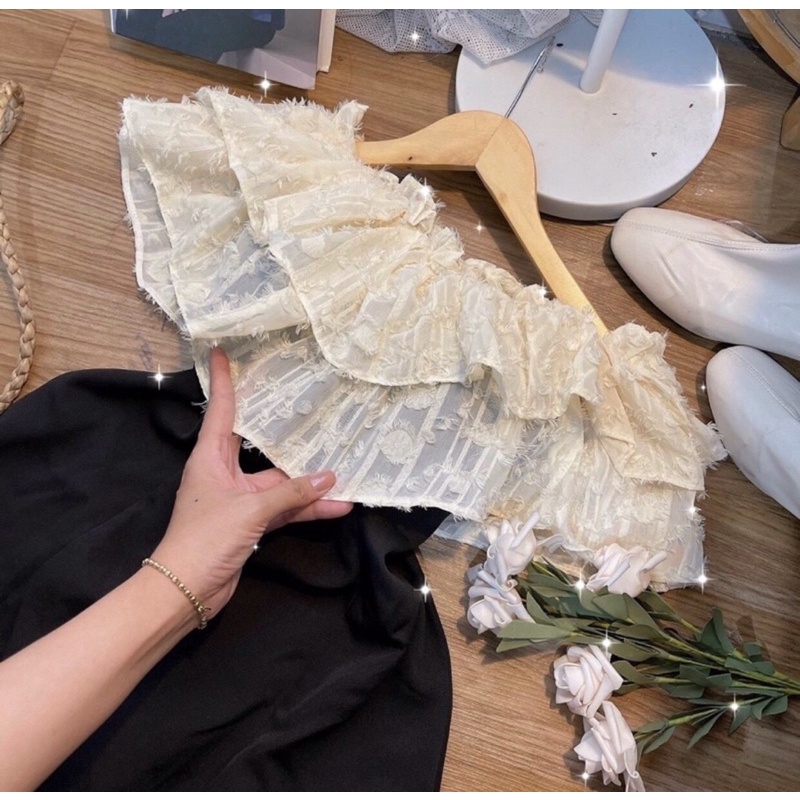 Đầm trễ vai hoa nổi bèo tầng tiểu thư Bigsize