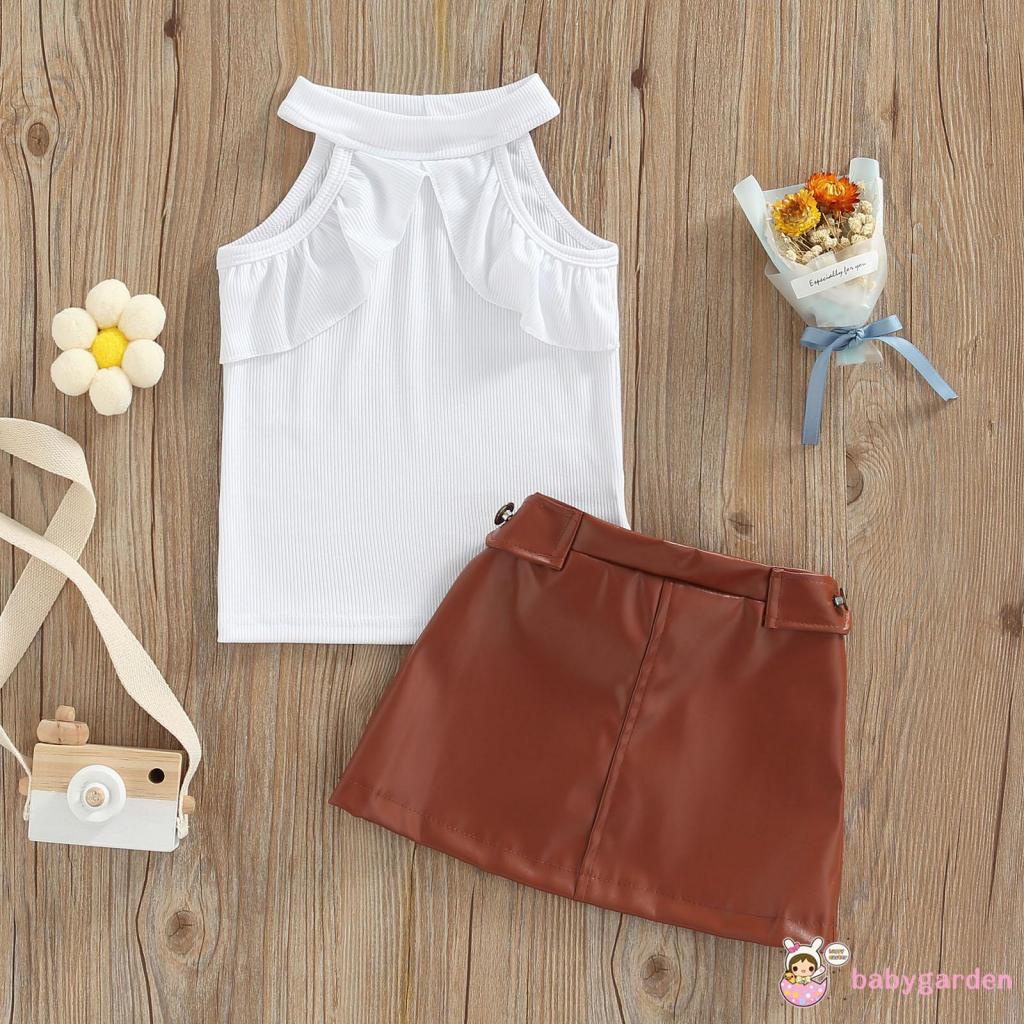 BABYGARDEN 6 Months-5 Years Baby Girls Set, Solid Color Round Neck Sleeveless Ribbed Tops+ Leather Skirt for Summer