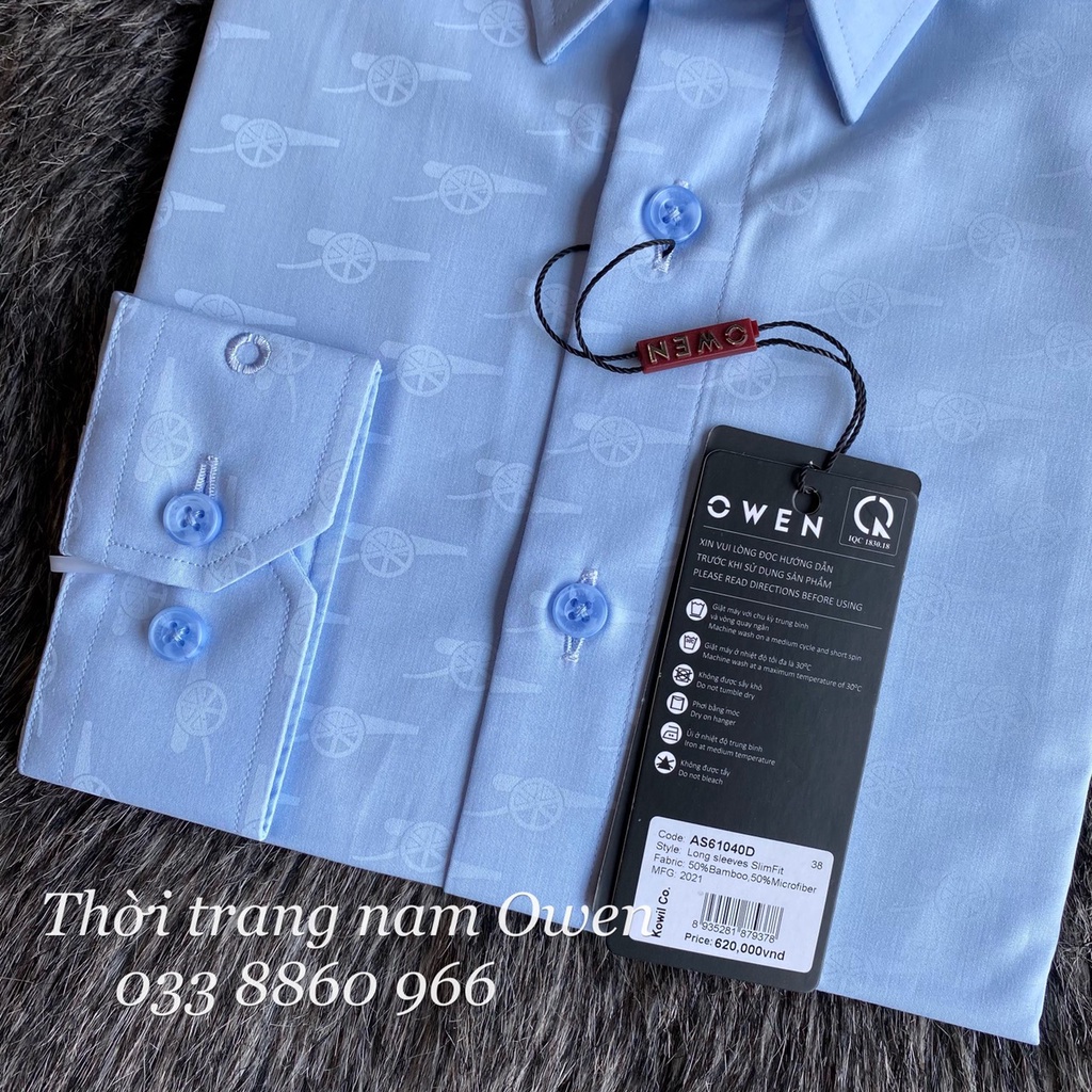 OWEN - Áo sơ mi dài tay Owen Slimfit chất sợi tre màu xanh in họa tiết 61040